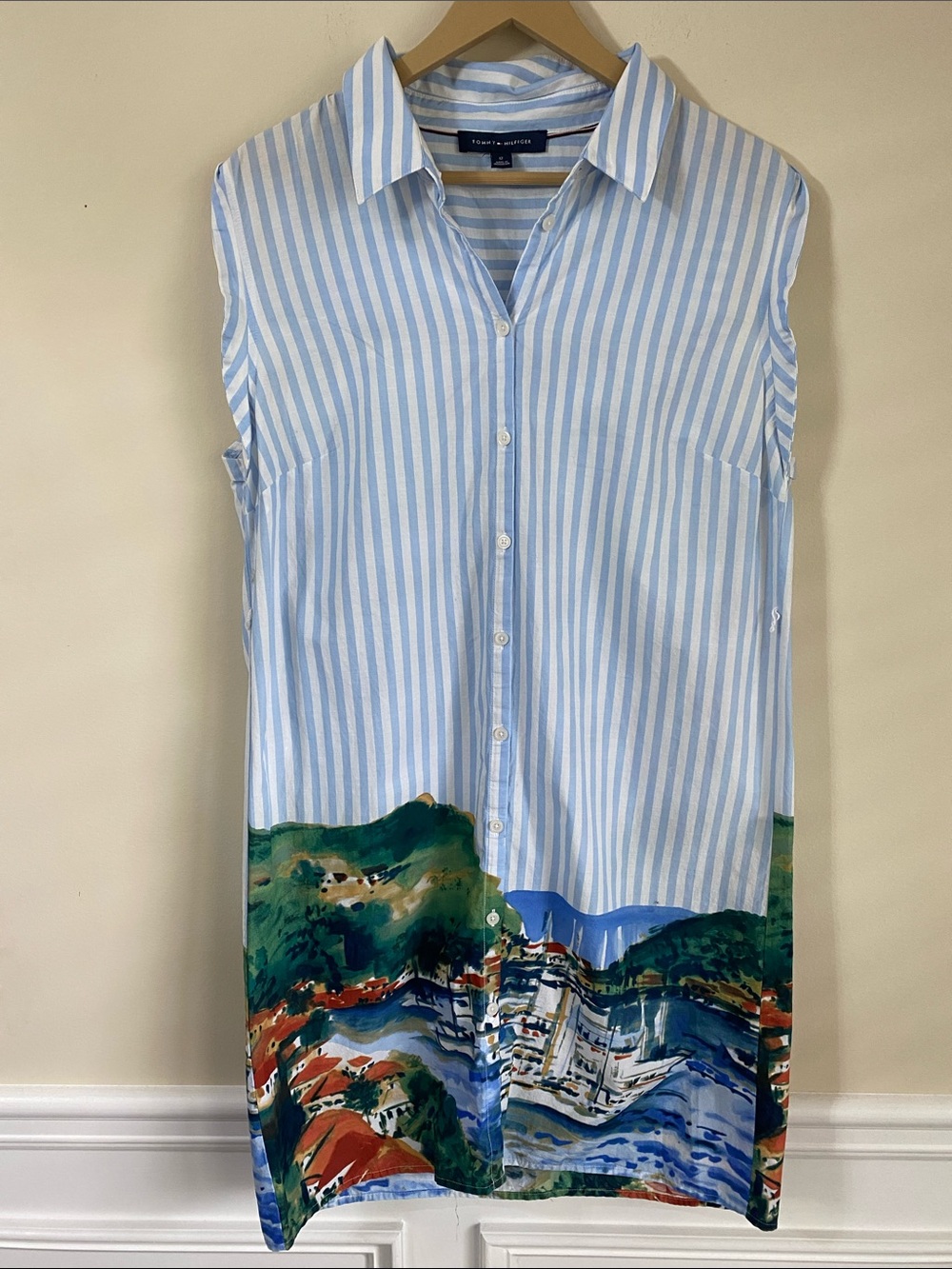 Tommy Hilfiger Light Blue & White Striped Midi Dress with Scenic Hem Print